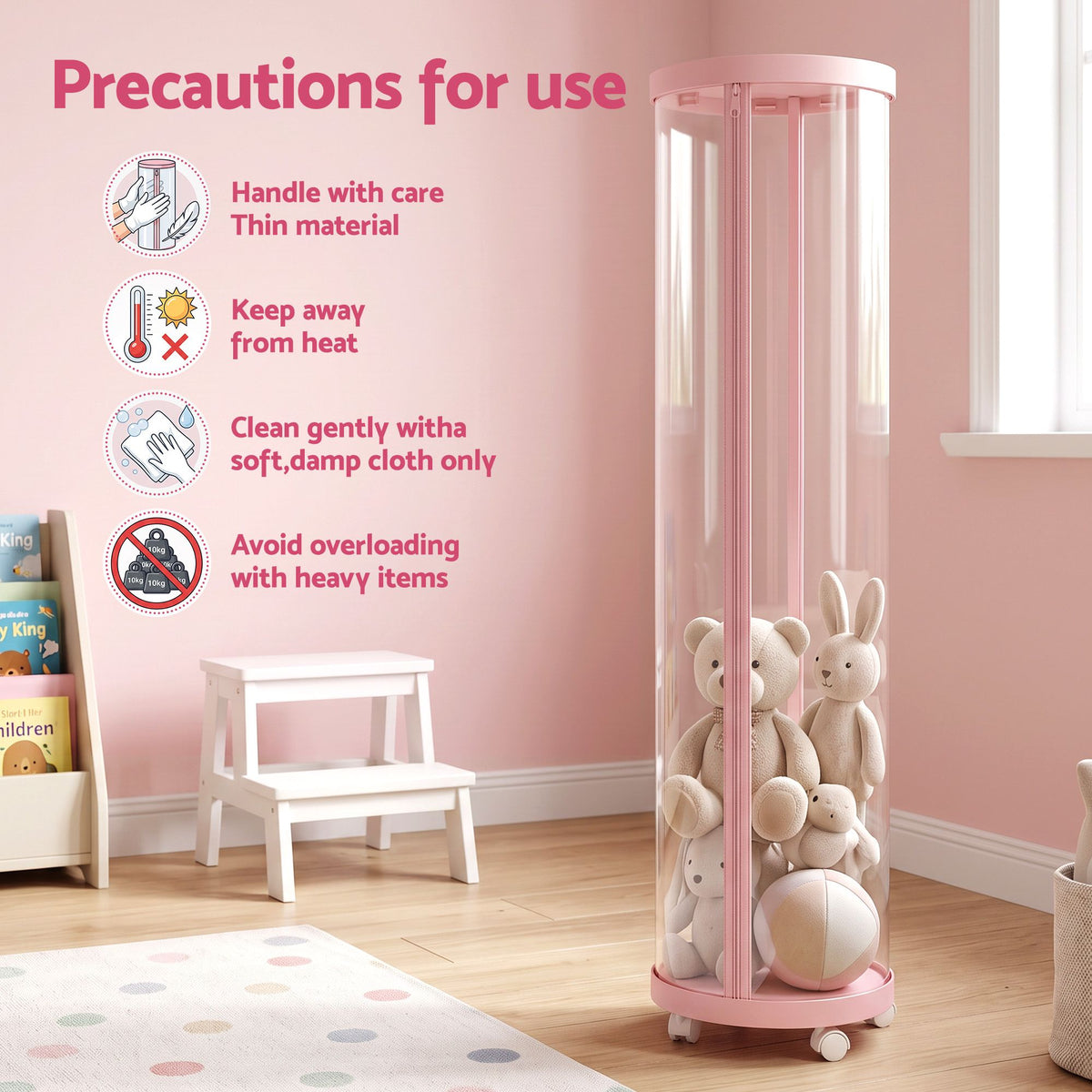 Keezi Stuffed Animal Storage Tube 128cm with Wheels Kids Plush Toy Organiser Pink Transparent Dual Zipper
