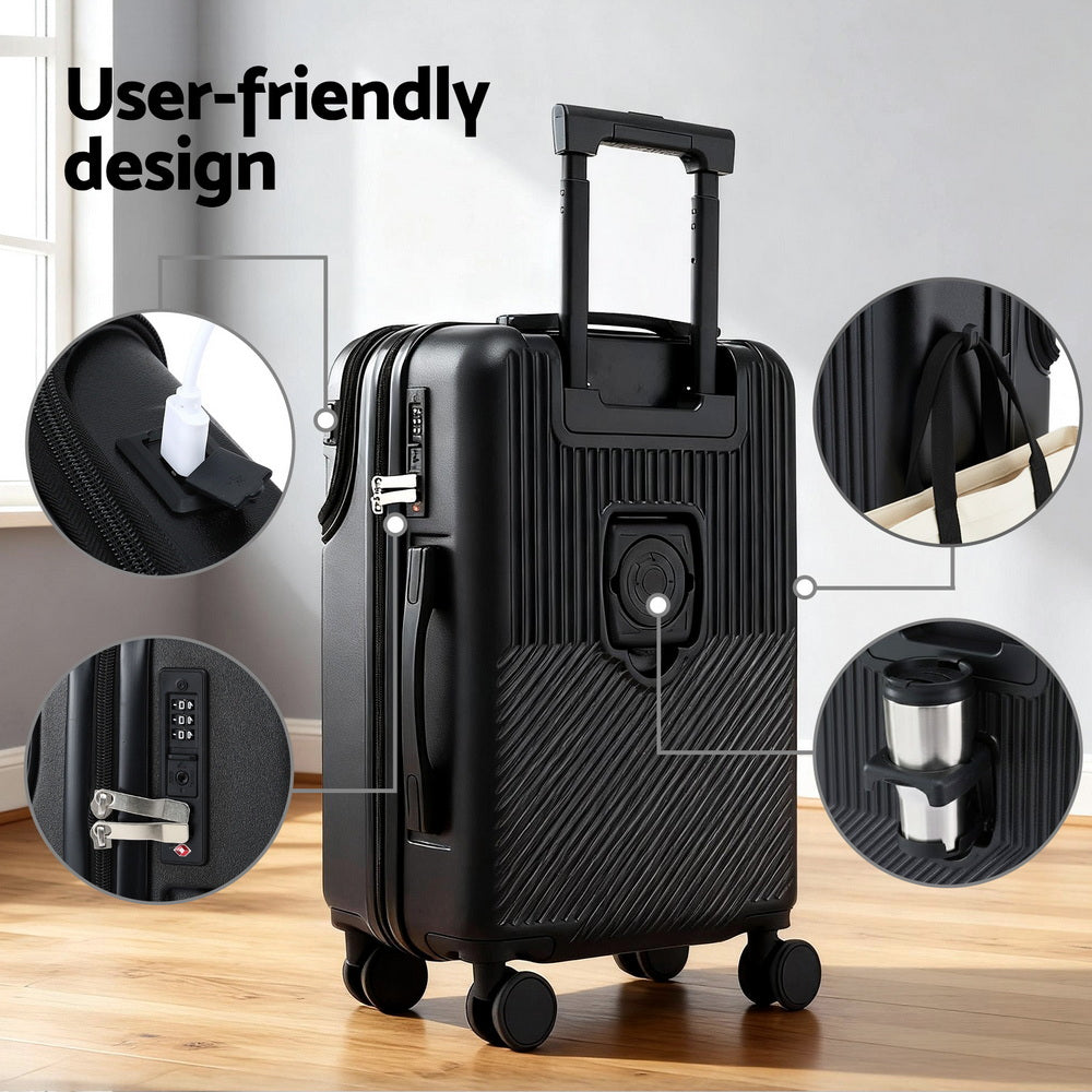 Wanderlite 20" Luggage Suitcase Front Pocket Travel Carry On TSA Black