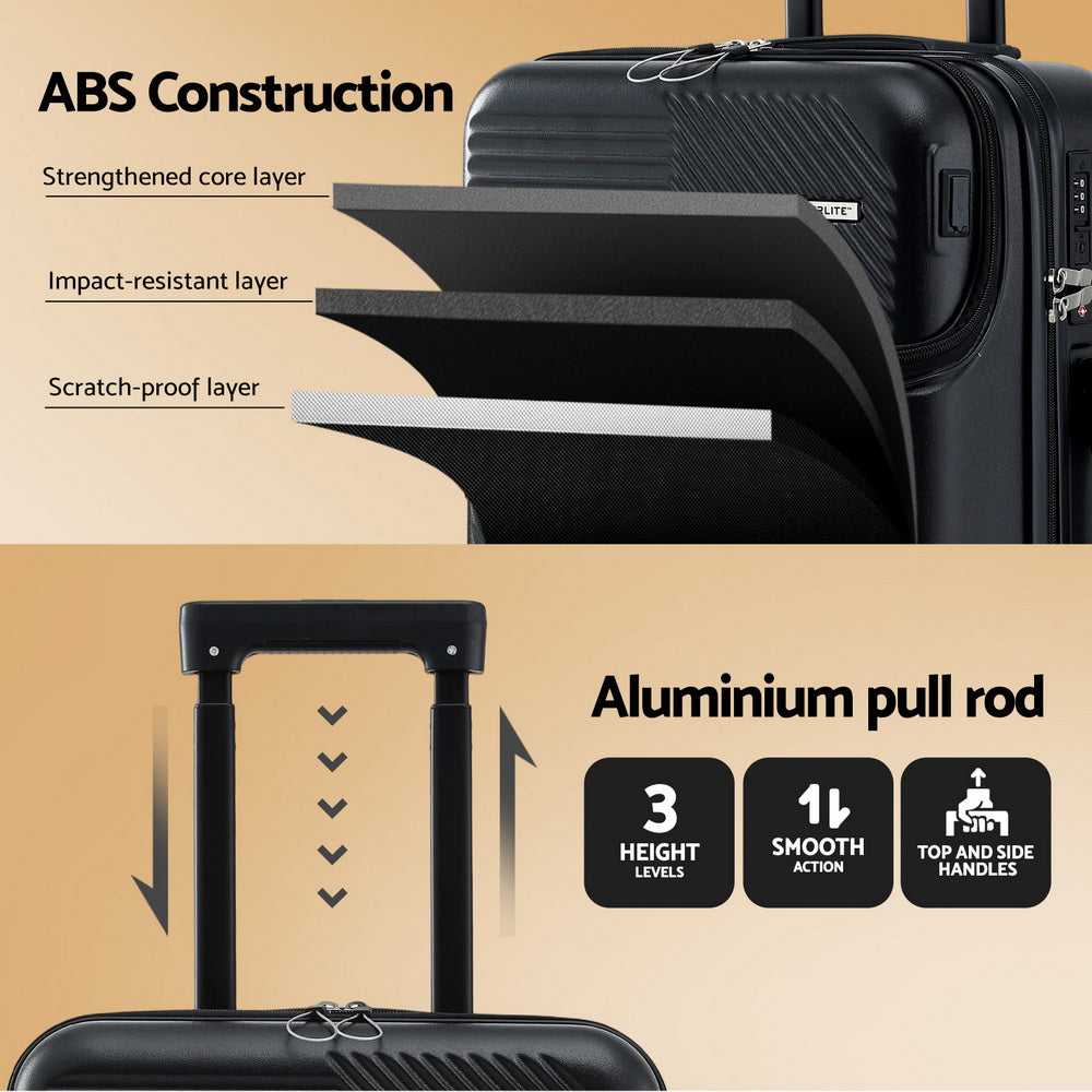 Wanderlite 20" Luggage Suitcase Front Pocket Travel Carry On TSA Black