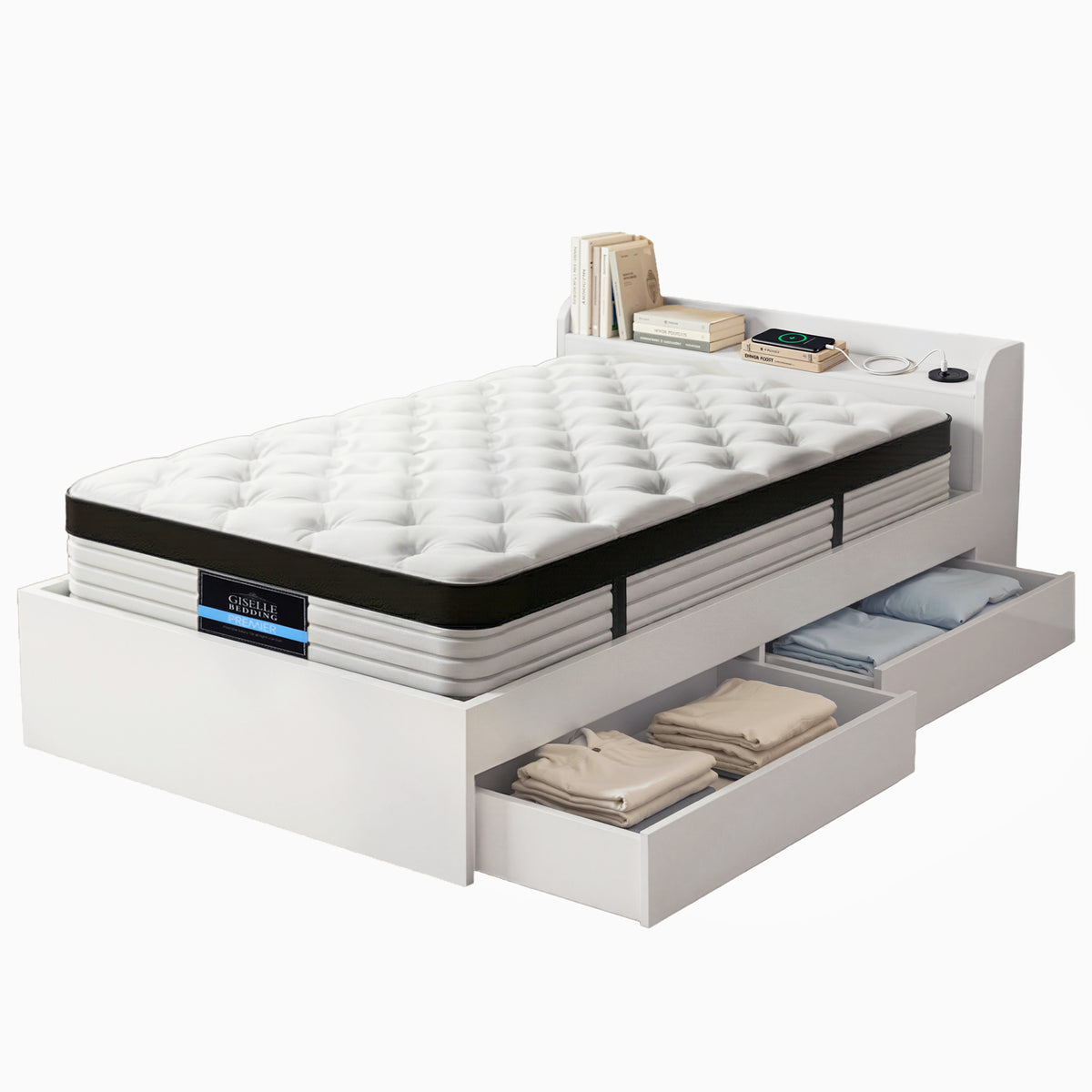 Giselle Single Mattress 5-zone Pocket Spring Mattresses with Artiss Wooden Storage Bed Frame Set