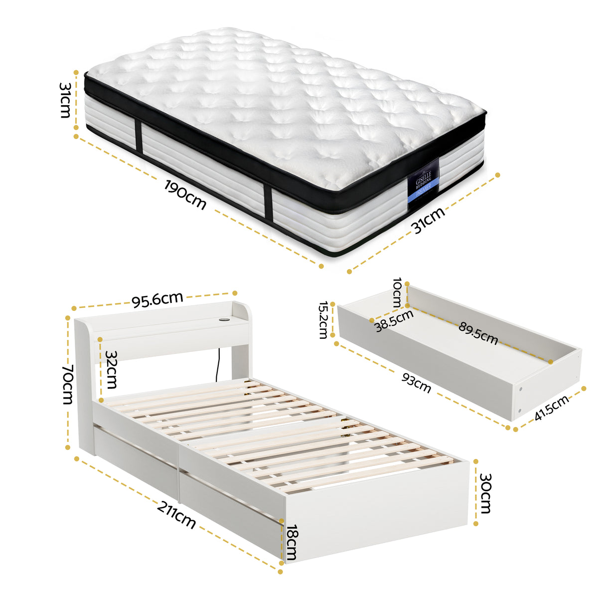 Giselle Single Mattress 5-zone Pocket Spring Mattresses with Artiss Wooden Storage Bed Frame Set