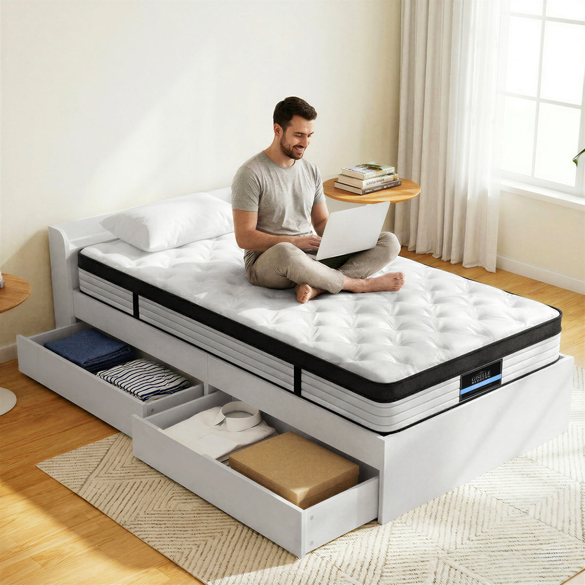 Giselle Single Mattress 5-zone Pocket Spring Mattresses with Artiss Wooden Storage Bed Frame Set