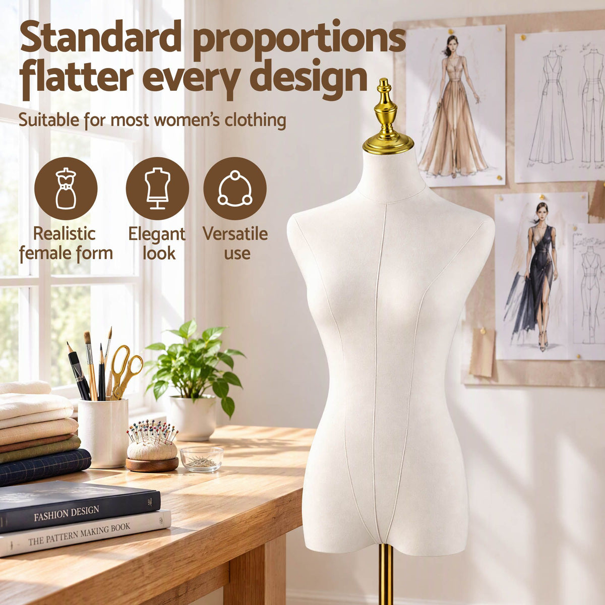 Embellir Dress Form Mannequin, Adjustable Female Torso, White Canvas Fabric, Display Stand with Detachable Gold Metal Bracket & Base