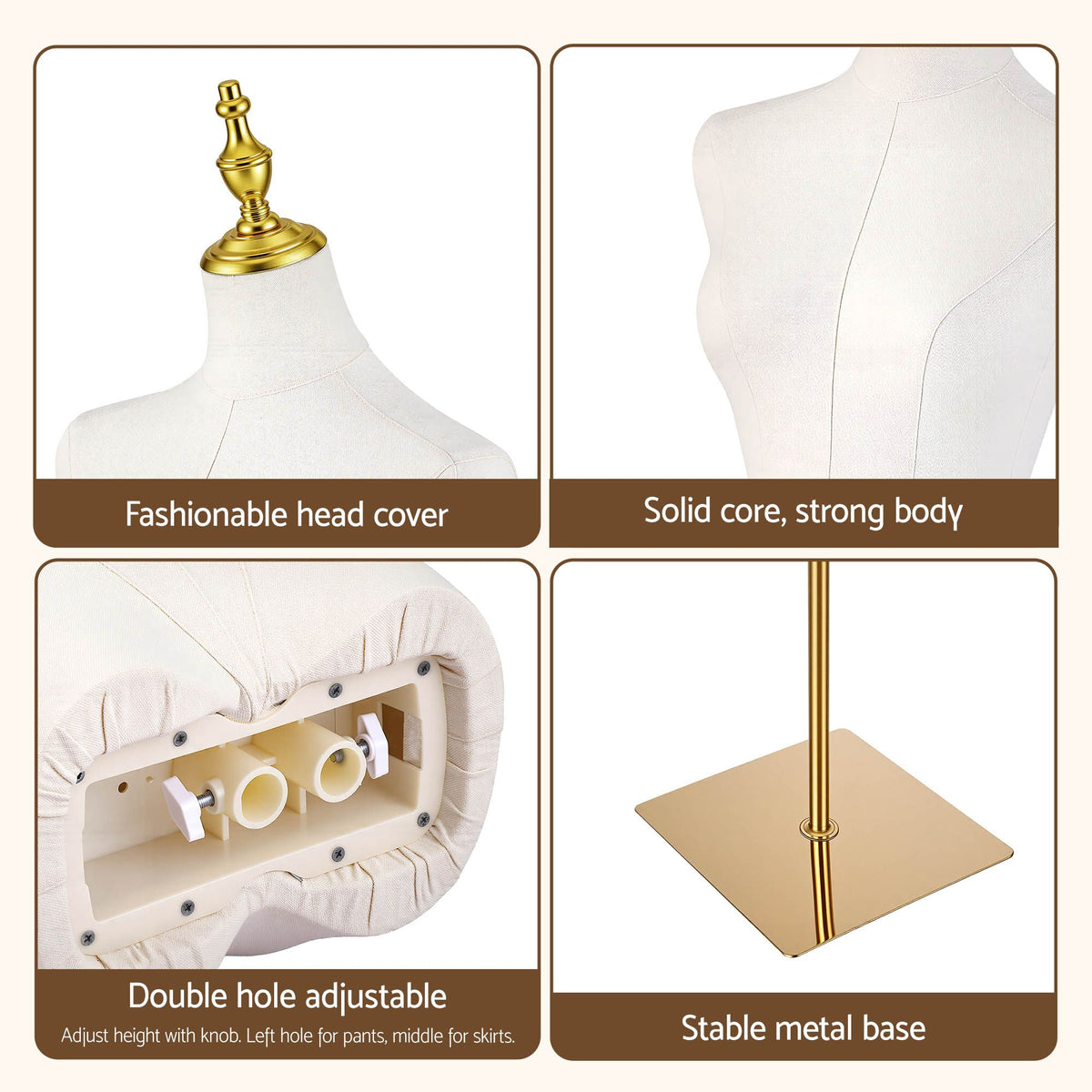 Embellir Dress Form Mannequin, Adjustable Female Torso, White Canvas Fabric, Display Stand with Detachable Gold Metal Bracket & Base
