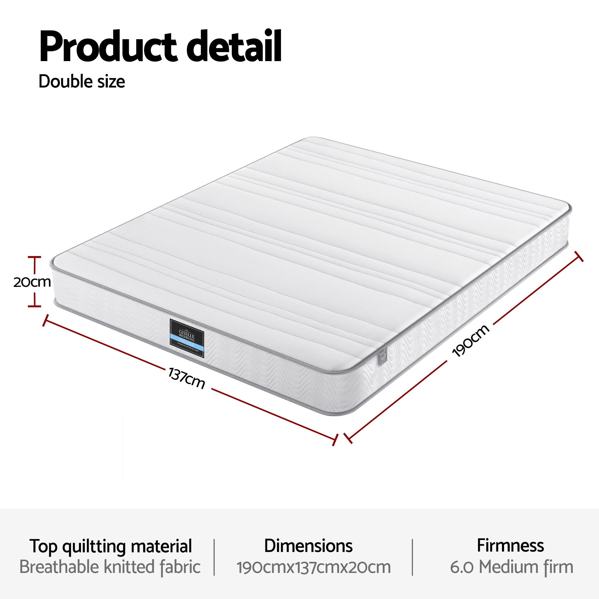 Giselle Double Mattress 20cm with Reinforced Edge Support Egg-Crate Foam