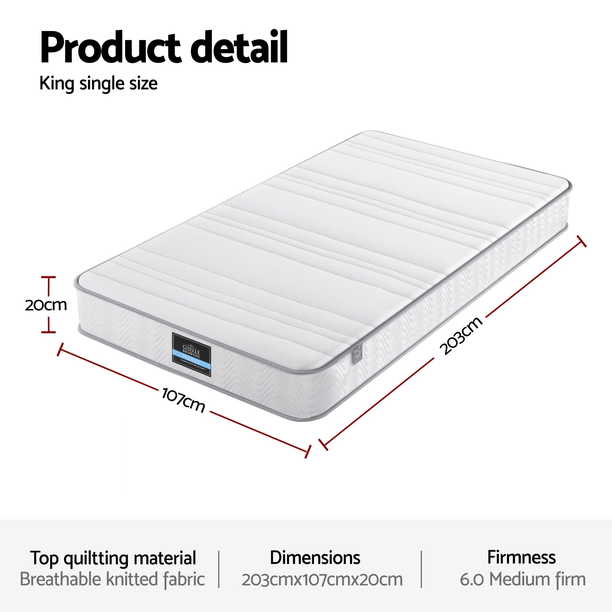 Giselle King Single Mattress 20cm with Reinforced Edge Support Egg-Crate Foam