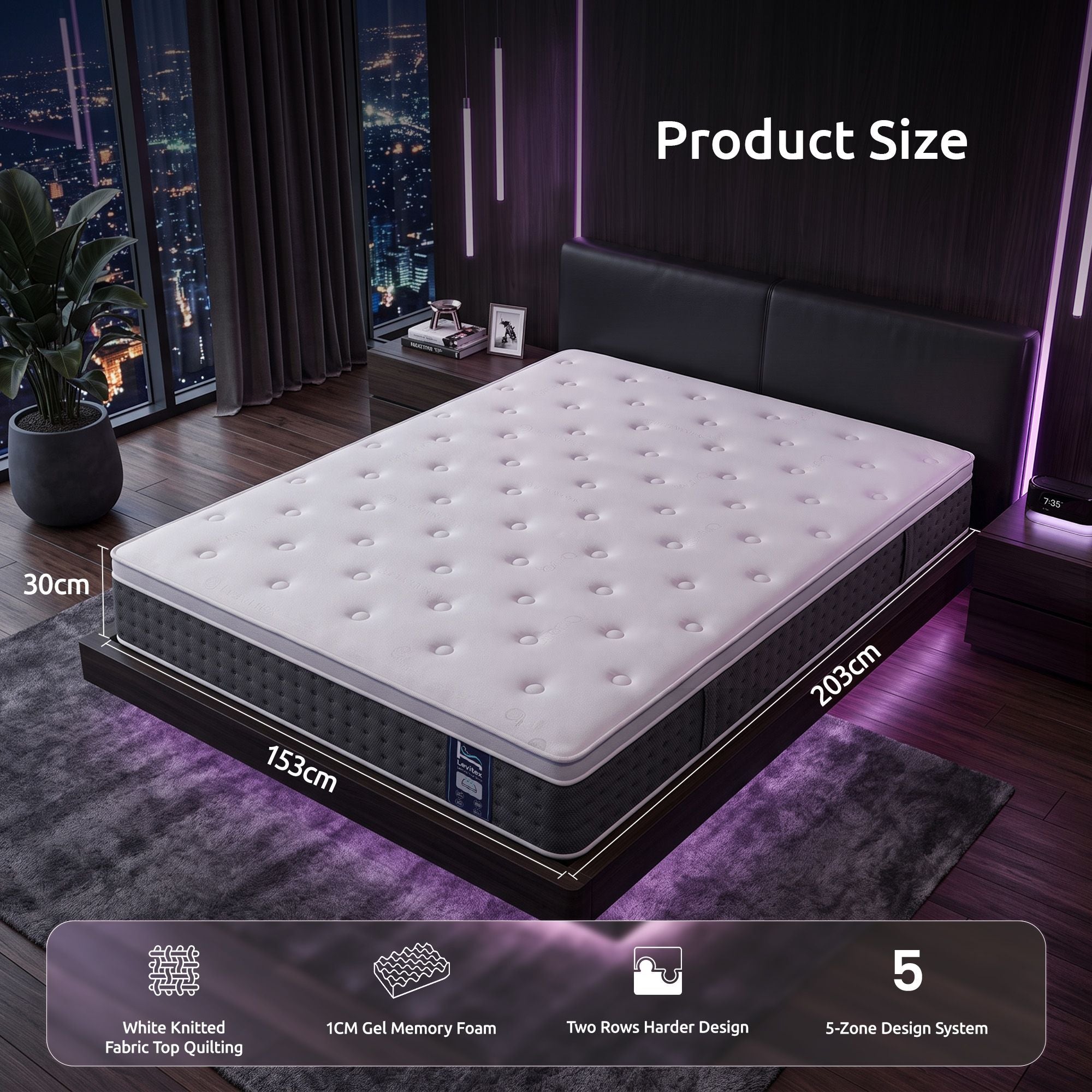 Levitex Queen Mattress Lumbar Support, 5-Zone Pocket Springs & 2-Row Hardened Edges for Deep Sleep, Cooling Gel Memory & Egg-Crate Foam