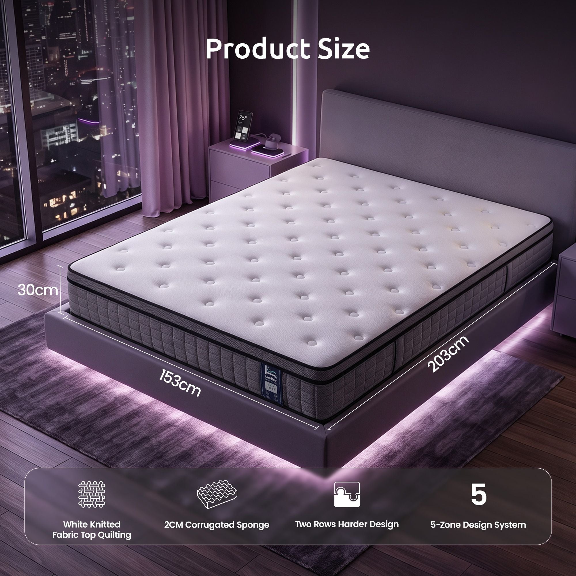 Levitex Queen Mattress 2 Rows Edge Support for Deep Sleep 5-Zone Ergonomic Pocket Spring Breathable Corrugated Sponge Medium Firm 30CM
