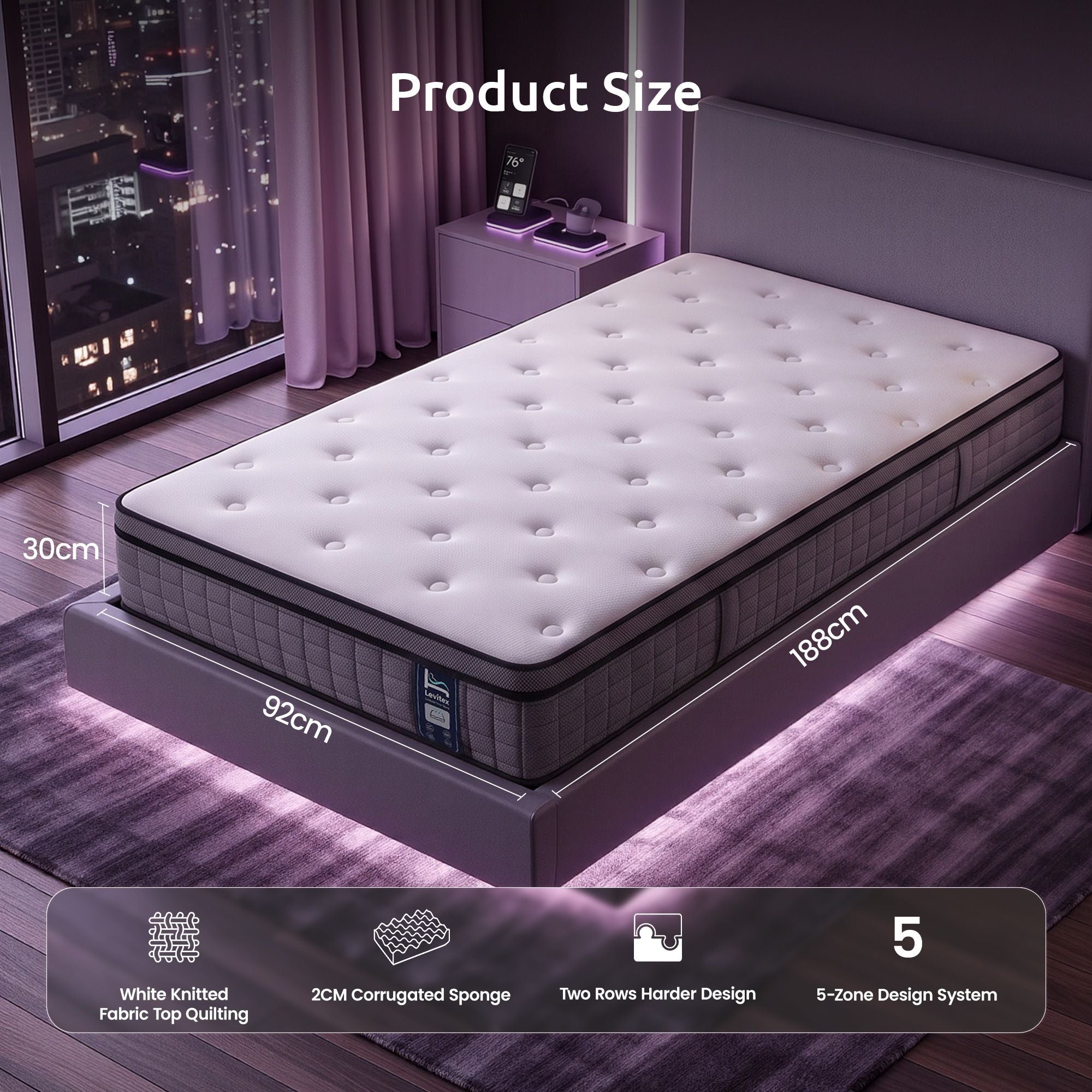 Levitex Single Mattress 2 Rows Edge Support for Deep Sleep 5-Zone Ergonomic Pocket Spring Breathable Corrugated Sponge Medium Firm 30CM