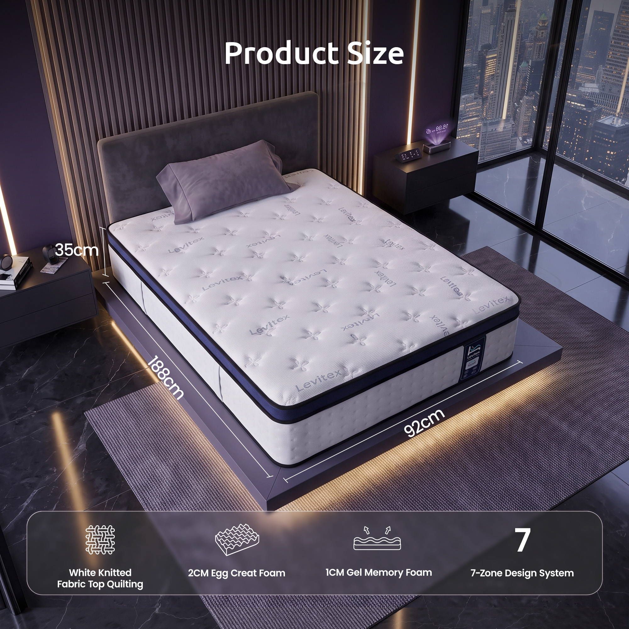 Levitex 35CM Single Mattresses Gel Memory Foam and 7-Zone Ergonomic Pocket Spring, Anti-Roll Dual-Row Edge, Triple Cooling System for Hot Sleepers