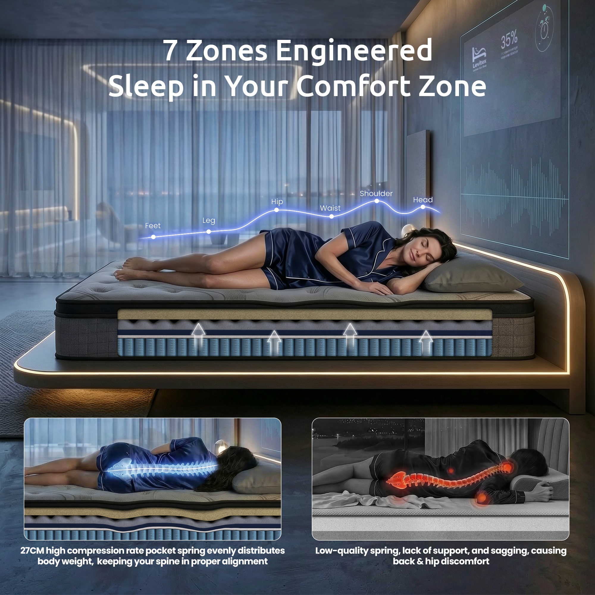 Levitex 33 cm Mattress 8.0 Extra Firm 7-Zone Pocket Spring Mattress with Dual-Row Edge Support & Breathable Knit Cover Queen