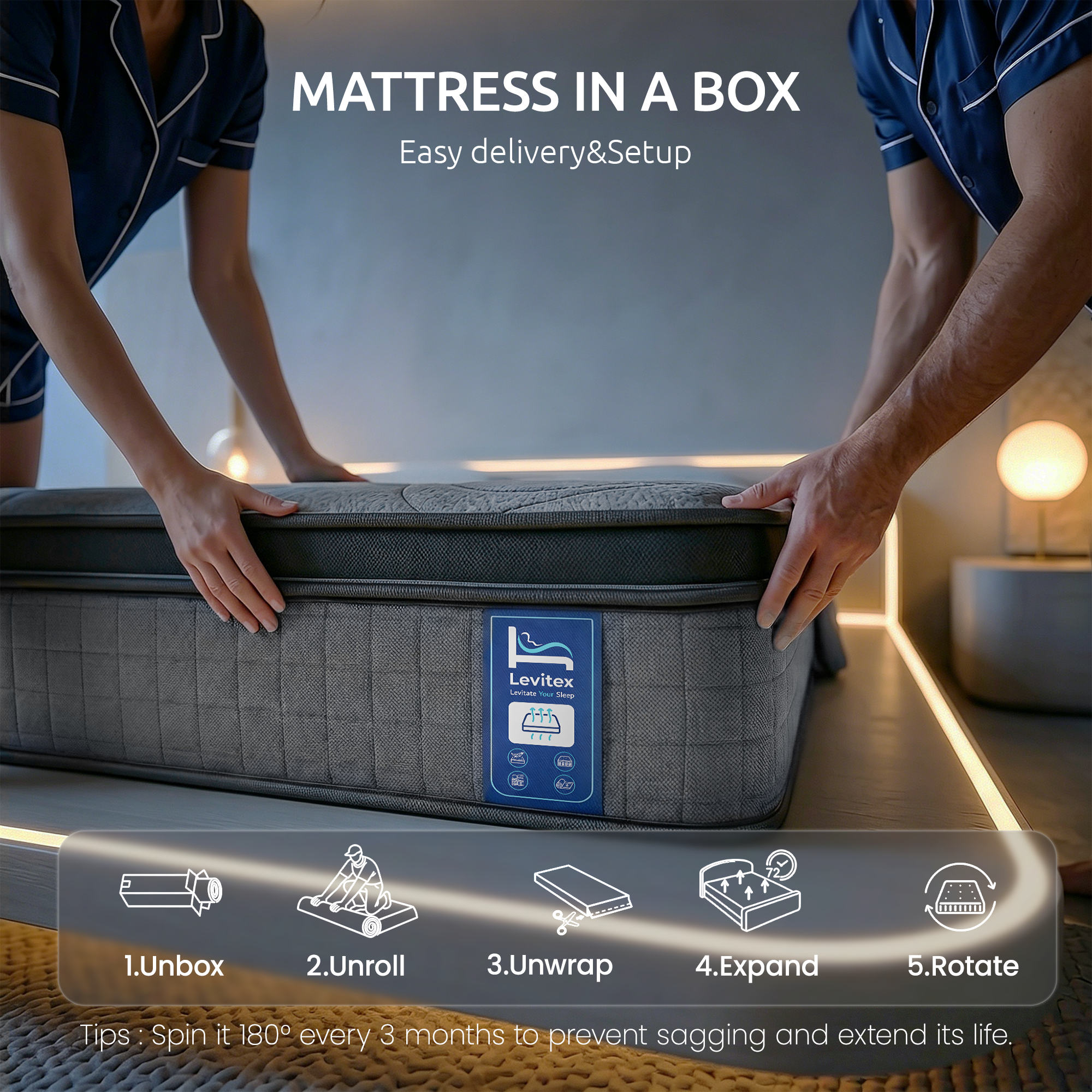 Levitex 33 cm Mattress 8.0 Extra Firm 7-Zone Pocket Spring Mattress with Dual-Row Edge Support & Breathable Knit Cover Queen