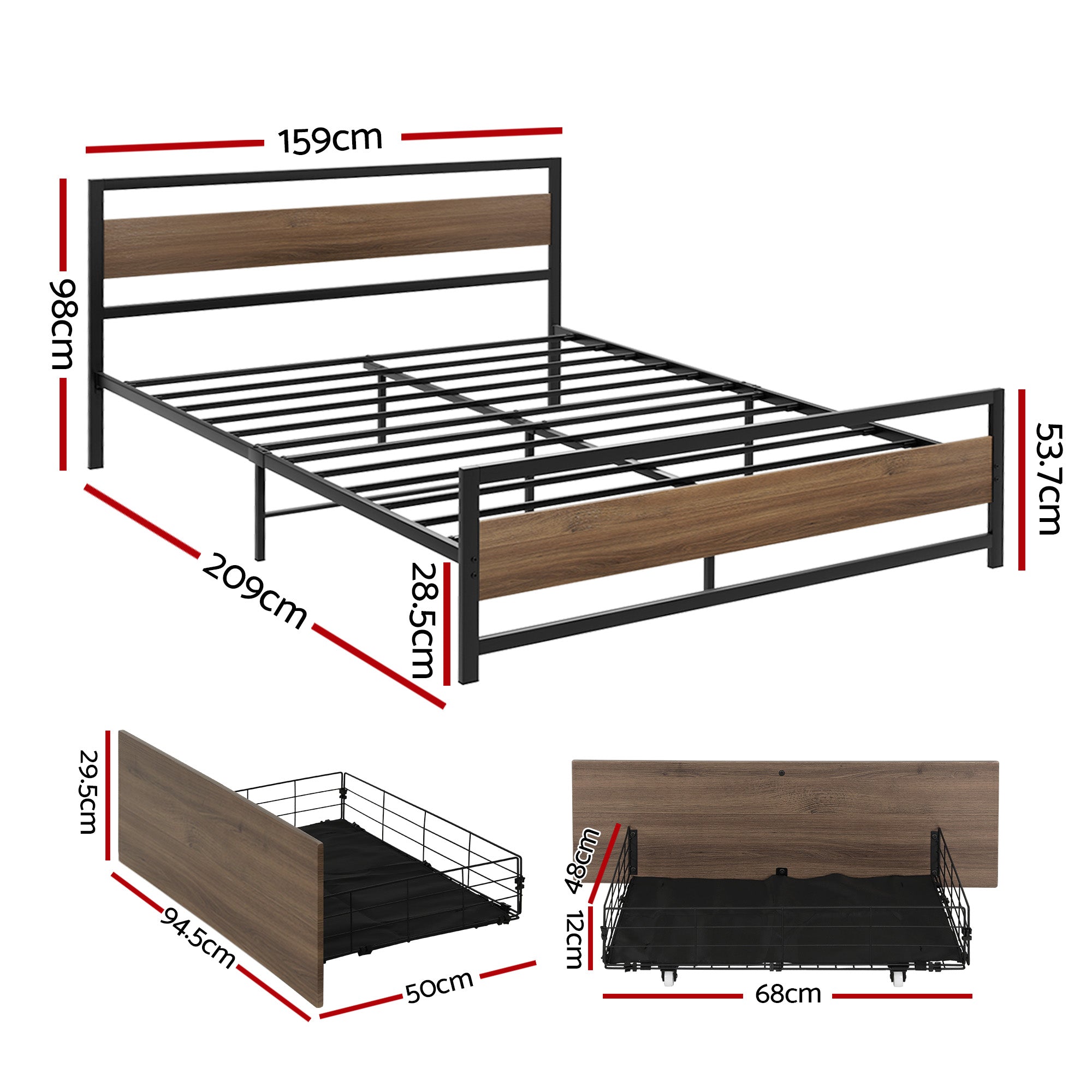 Artiss Bed Frame Queen Size Metal Frame with 2 Drawers DREW