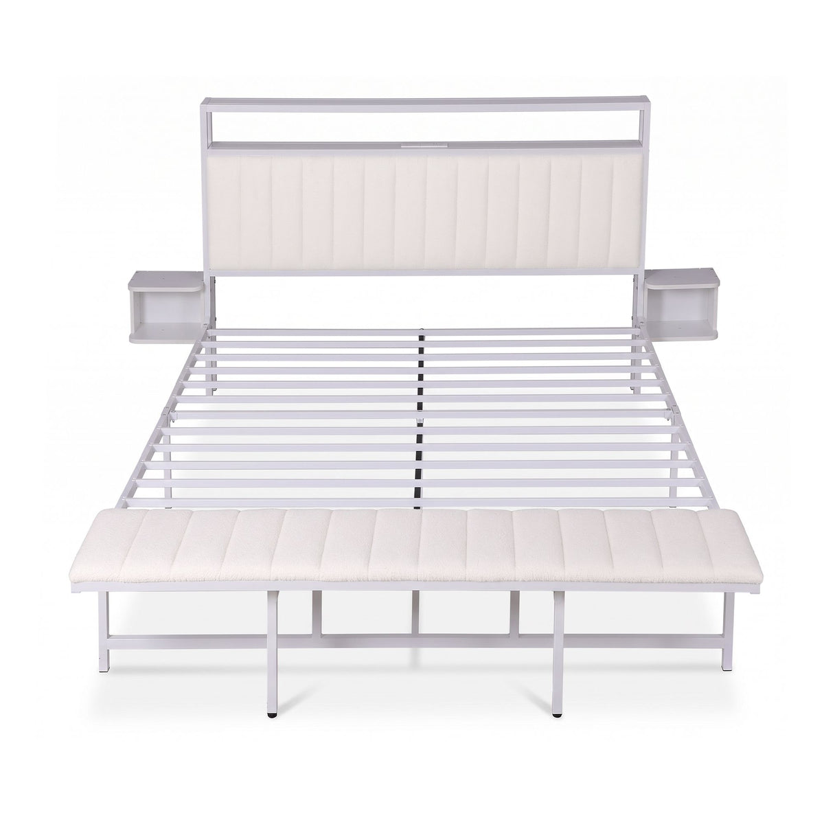 Artiss King Metal Bed Frame Boucle Headboard Charging Station Side Table White