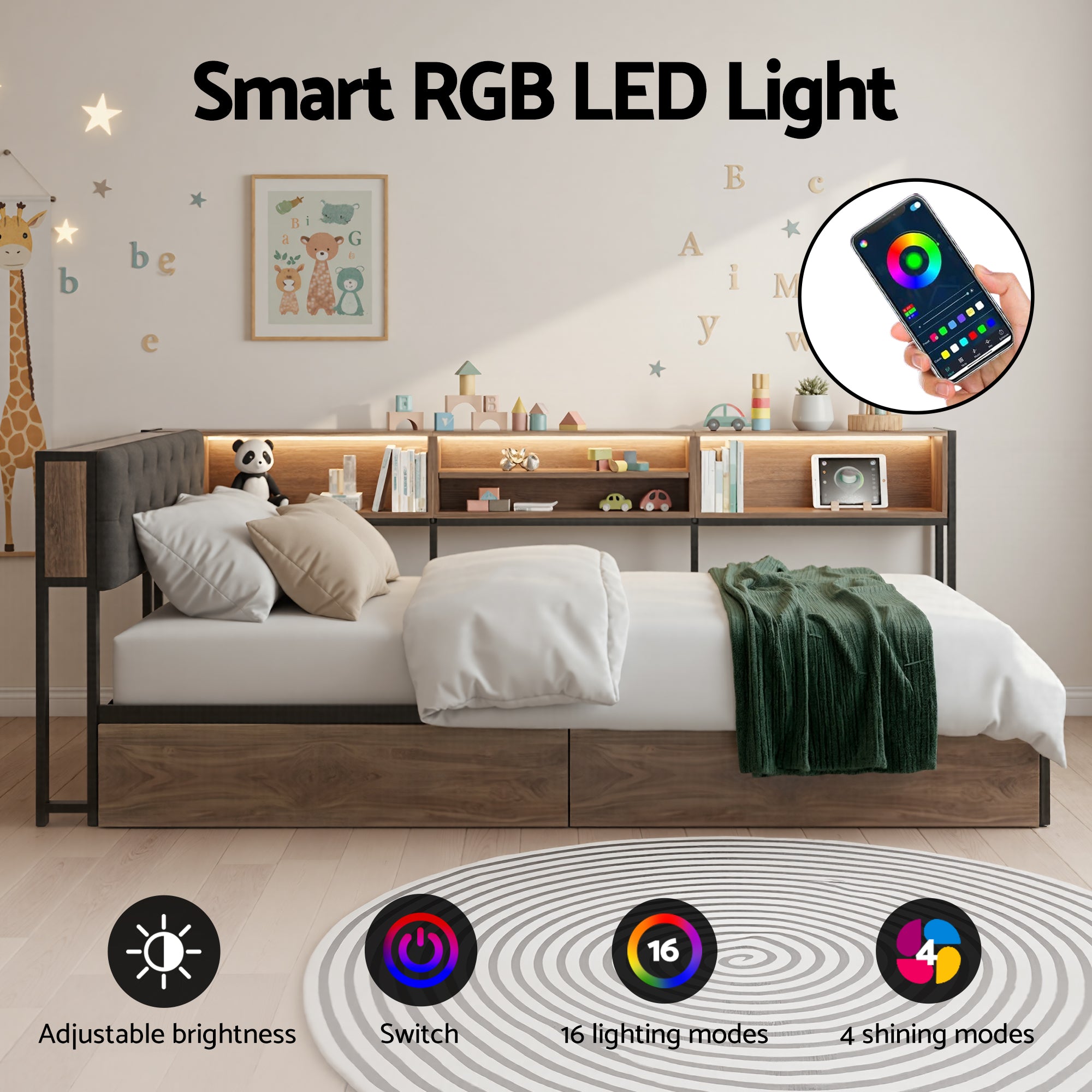 Artiss Bed Frame King Single Size with 2 Drawers and Charging Station Metal Corner Bed Base