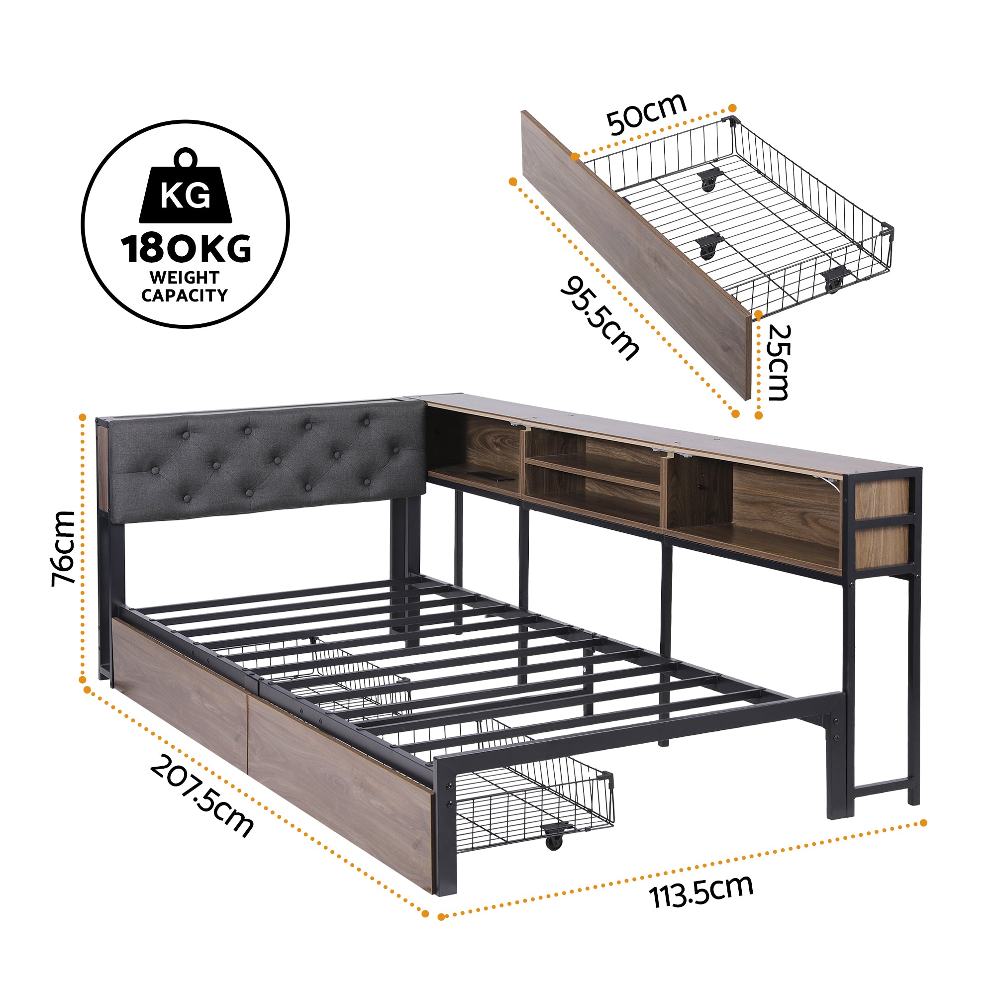 Artiss Bed Frame Single Size with 2 Drawers and Charging Station Metal Corner Bed Base