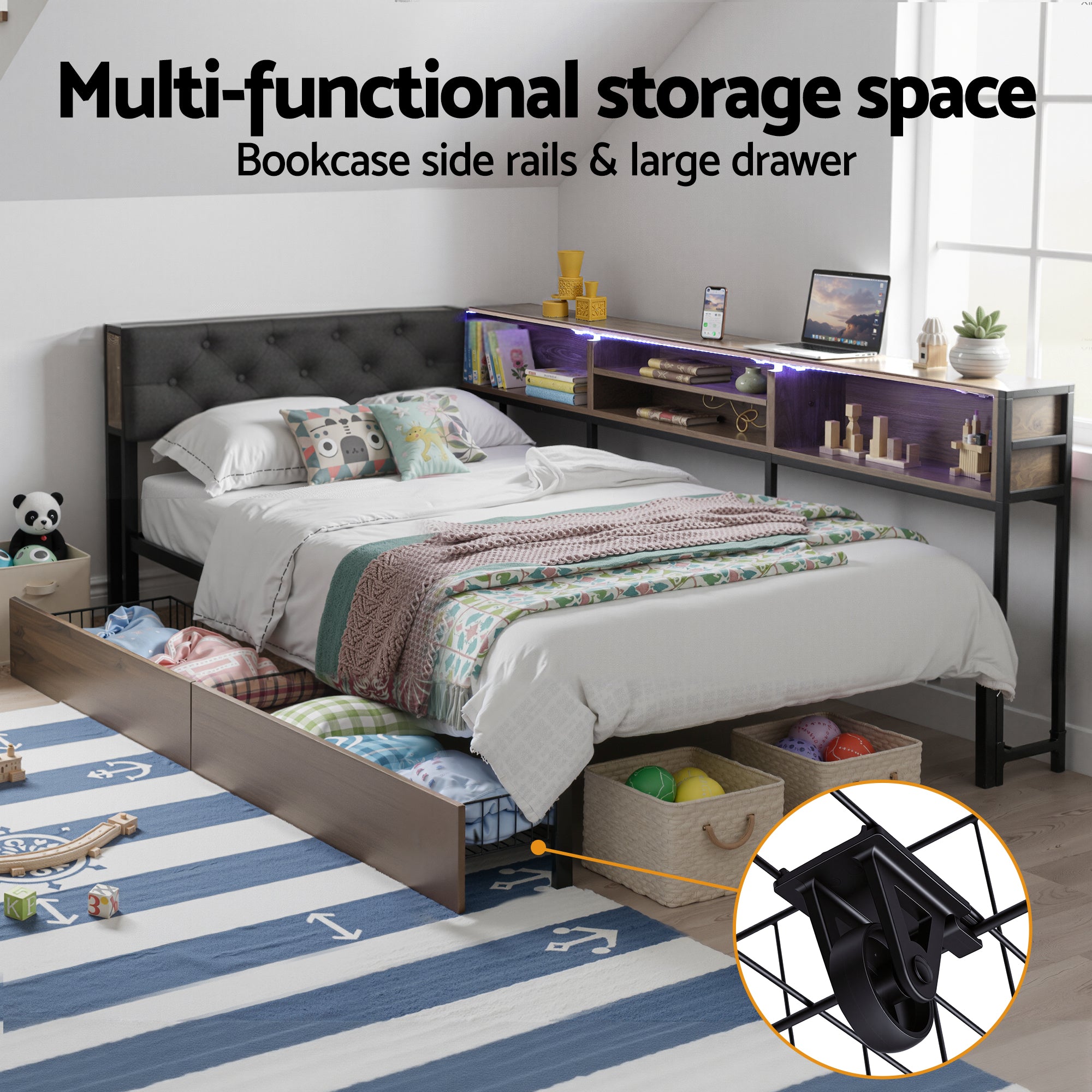 Artiss Bed Frame Single Size with 2 Drawers and Charging Station Metal Corner Bed Base