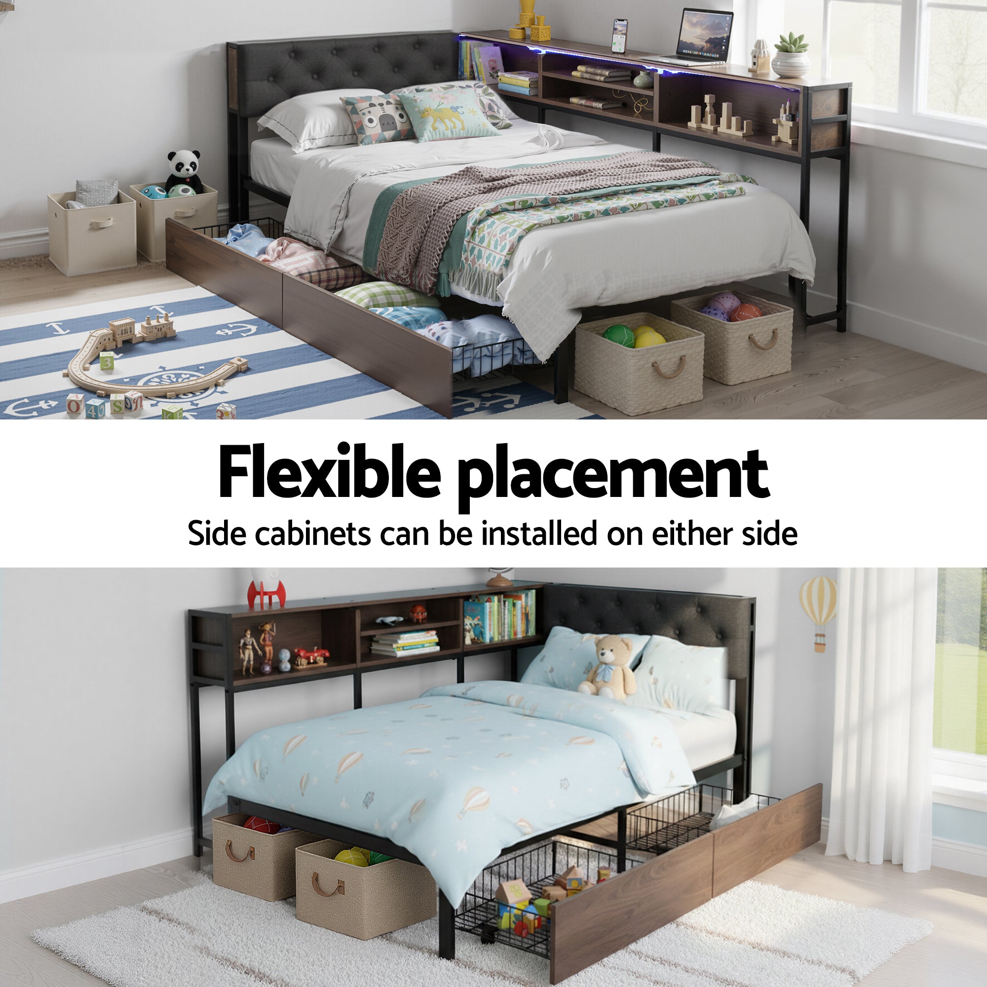 Artiss Bed Frame Single Size with 2 Drawers and Charging Station Metal Corner Bed Base