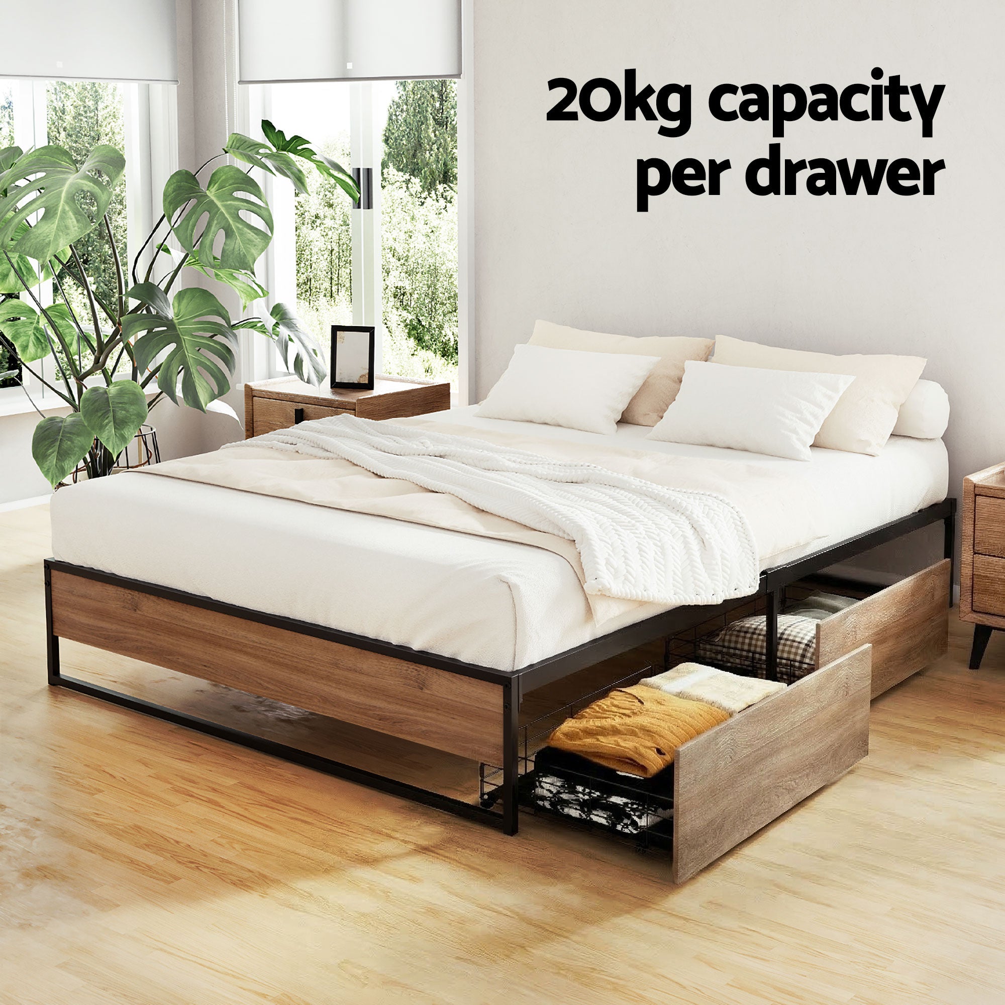 Artiss Bed Frame Metal Frame Double Size Bed Base 2 Drawers OSLO