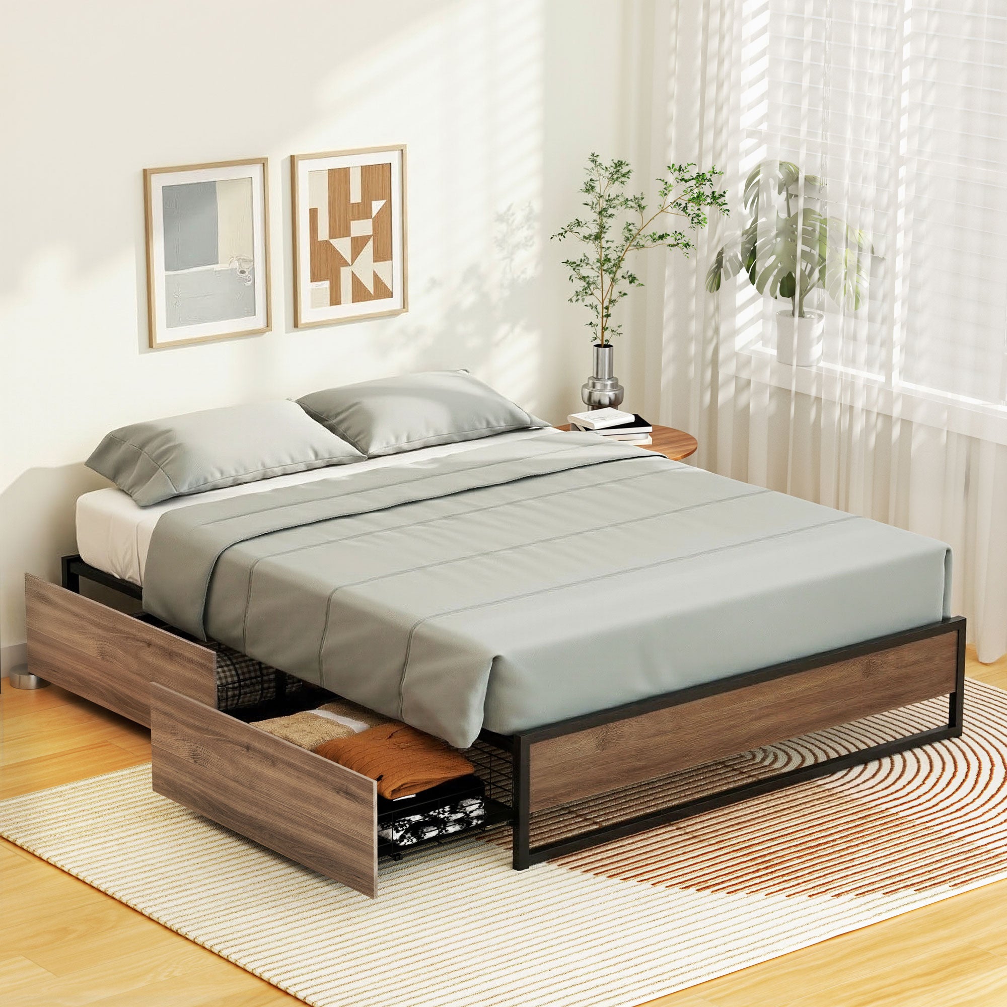 Artiss Bed Frame Metal Frame Queen Size Bed Base 2 Drawers OSLO