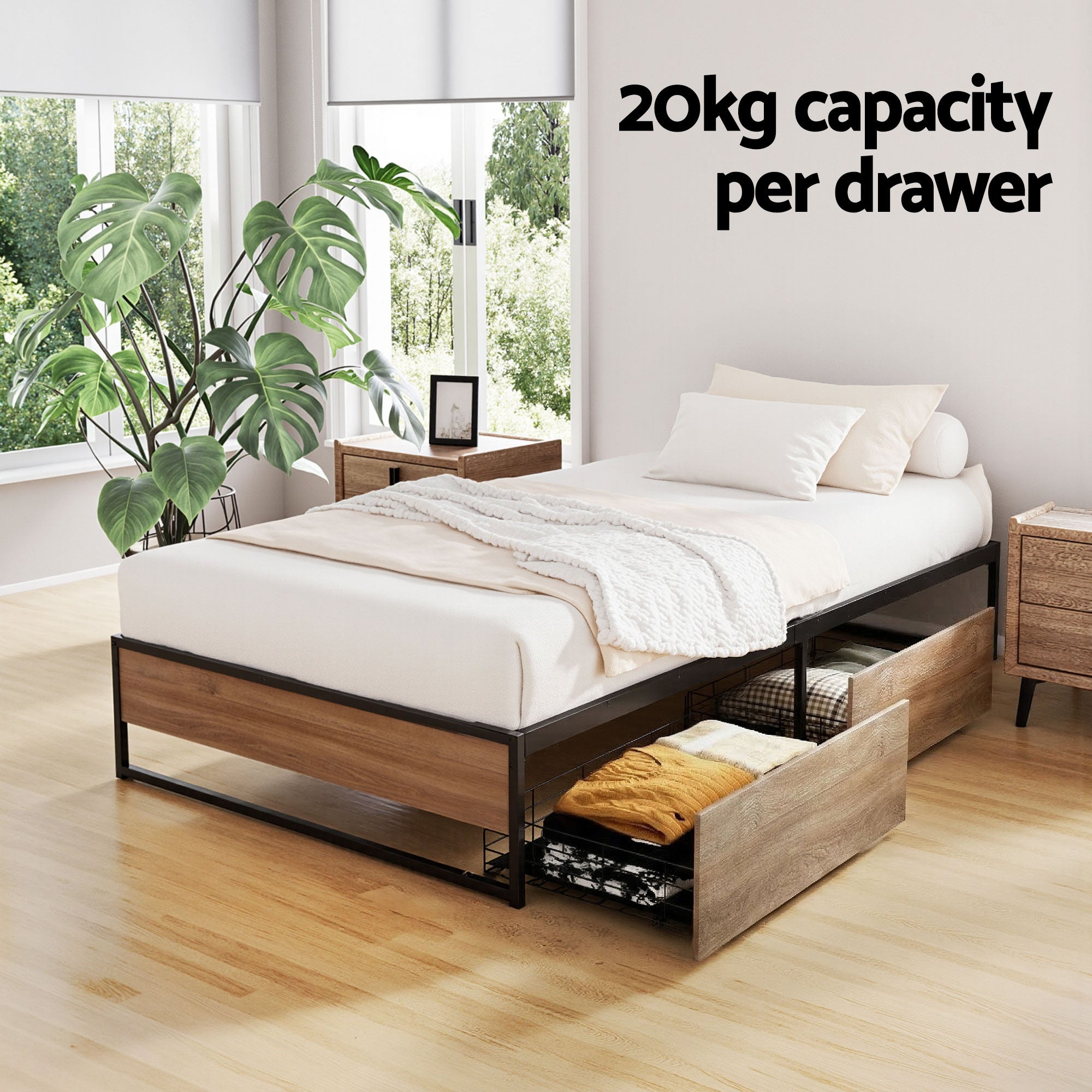 Artiss Bed Frame Metal Frame Single Bed Base 2 Drawers OSLO