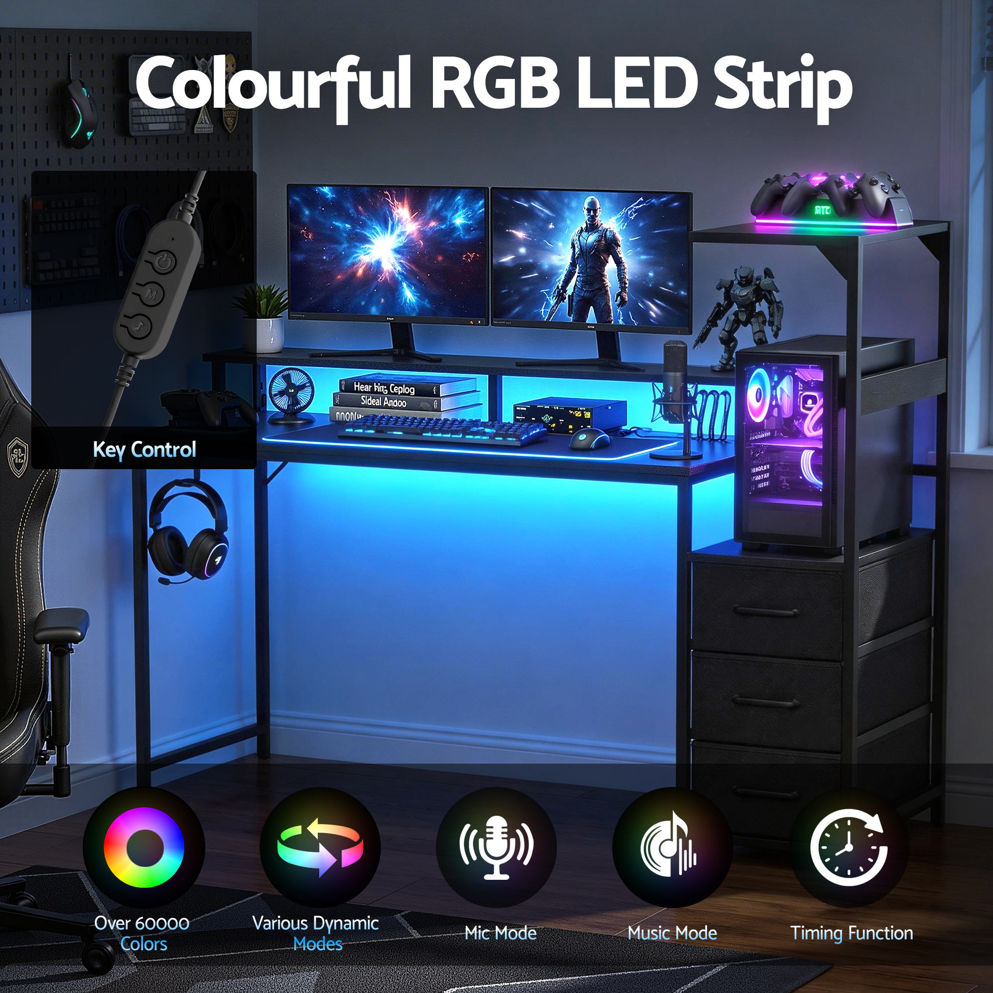 Artiss 145cm L Shaped Gaming Desk Computer Desk with LED Lights & Power Outlets