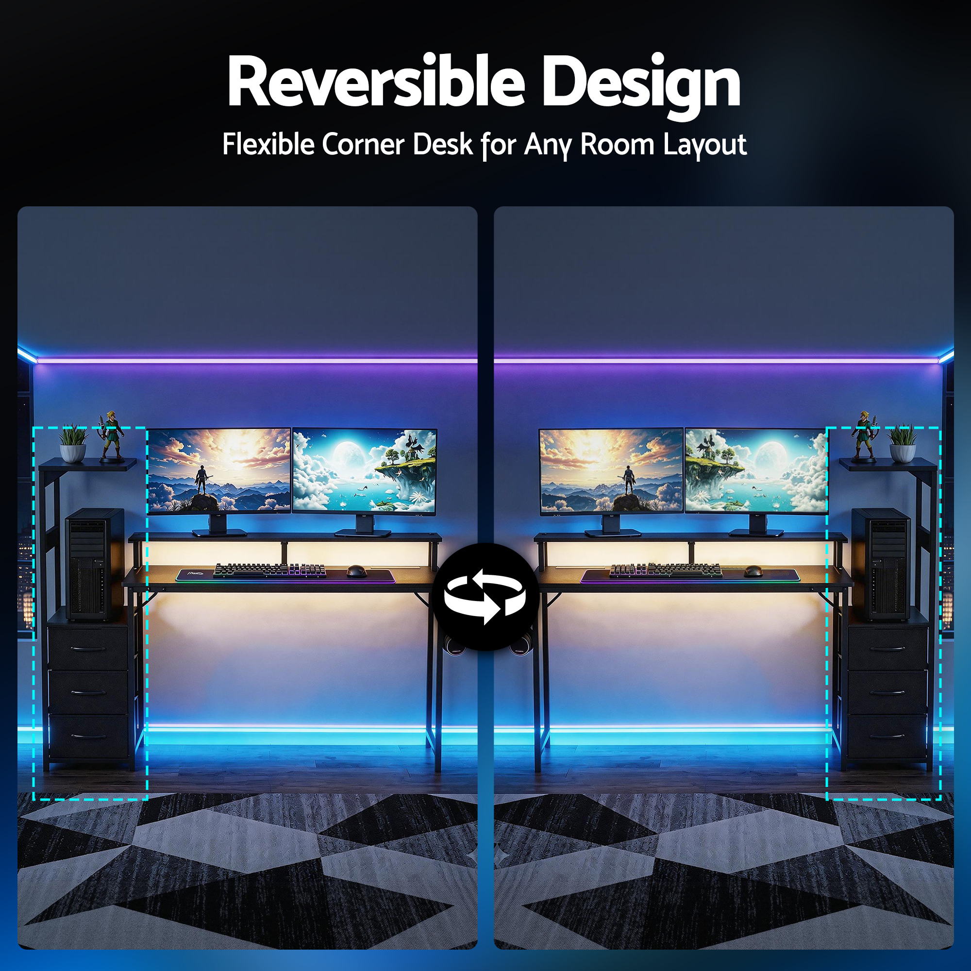 Artiss 145cm L Shaped Gaming Desk Computer Desk with LED Lights & Power Outlets