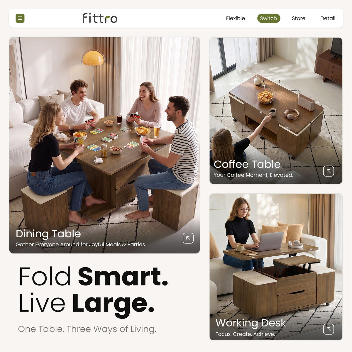Fittro 3-in-1 Lift Top Coffee Table with 4 Chairs, Dining Table Work Desk Built-in Storage, Hydraulic Swivel, Lockable Castors, Space-Saving for Living Rooms & Flats, Apartments