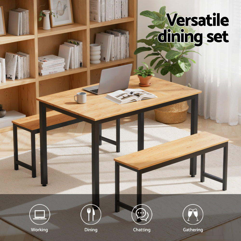 Artiss Dining Table and Chairs Set 3PCS Kitchen Metal Desk Bench Natural Oak