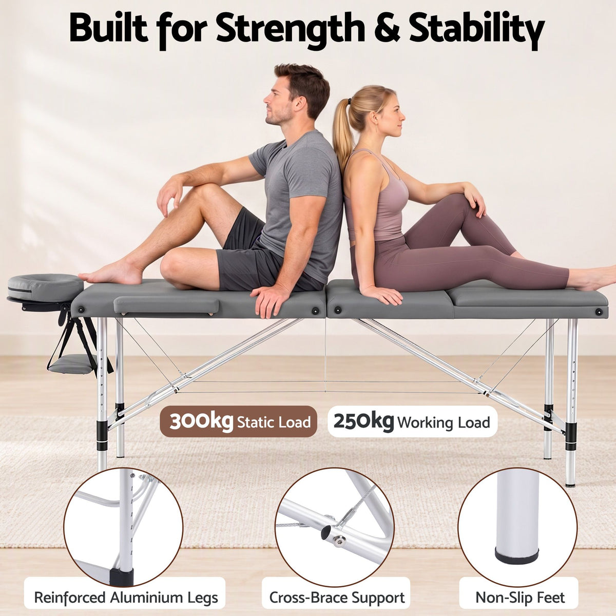 Zenses 3-Fold Portable Massage Table 60cm Adjustable Backrest & Height, Aluminium Beauty Bed Grey