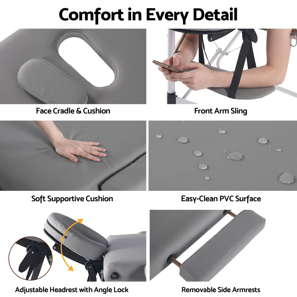 Zenses 3-Fold Portable Massage Table 75cm Adjustable Backrest & Height, Aluminium Beauty Bed Grey