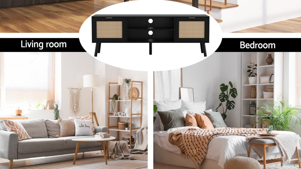 Collage of a staircase entrance, living room, and bedroom with furniture and decor.