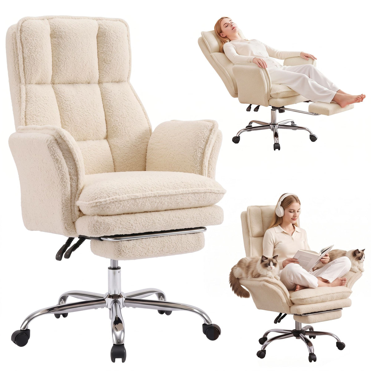 Artiss Big & Tall Criss Cross Office Chair with Flip Armrests Foot Rest Reclining Teddy Fleece Beige