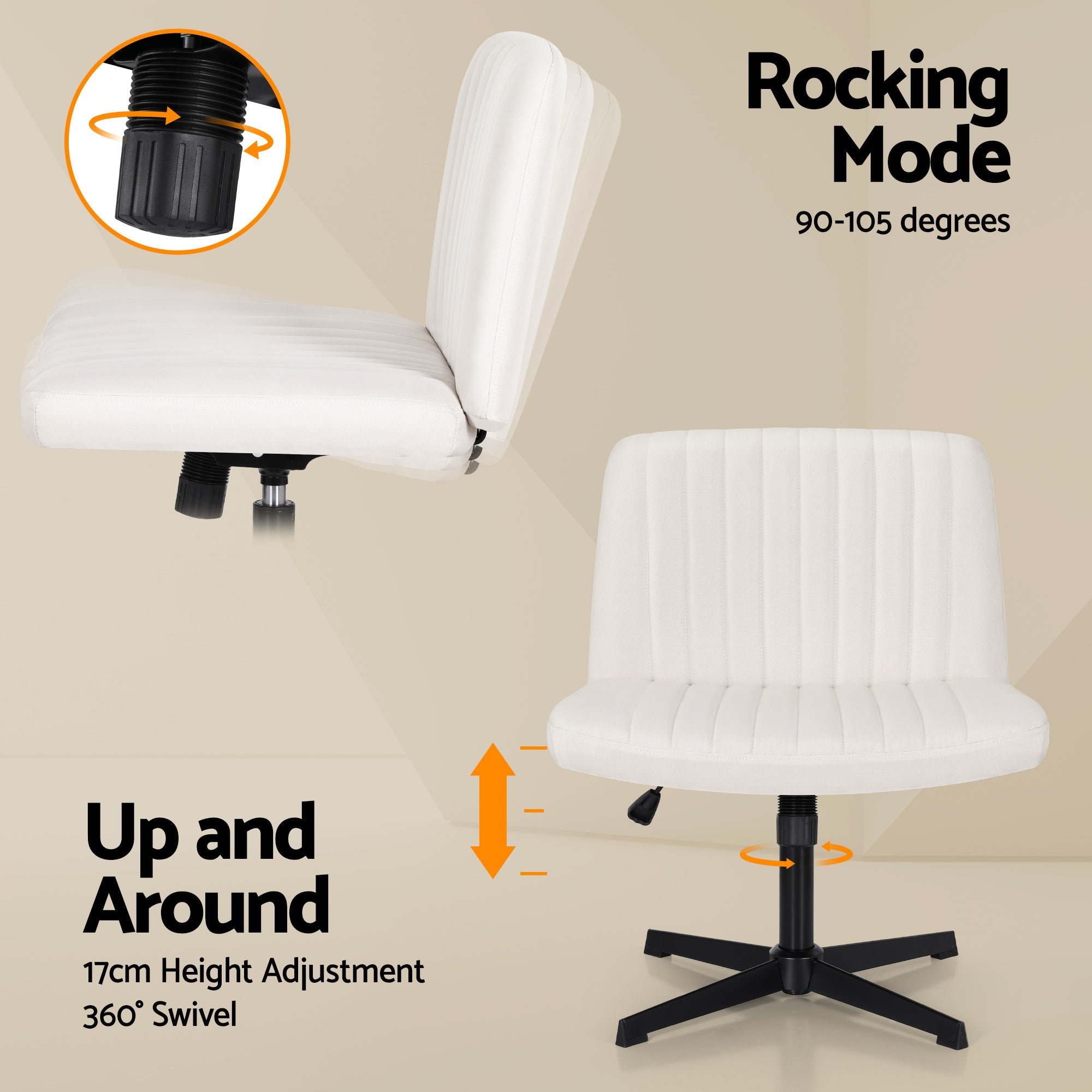 Artiss Criss Cross Chair No Wheels Fabric Wide Cross Legged Office Desk Vanity Chair Armless, Height Adjustable, Swivel Home Office Chair for Home Computer Task, Beige