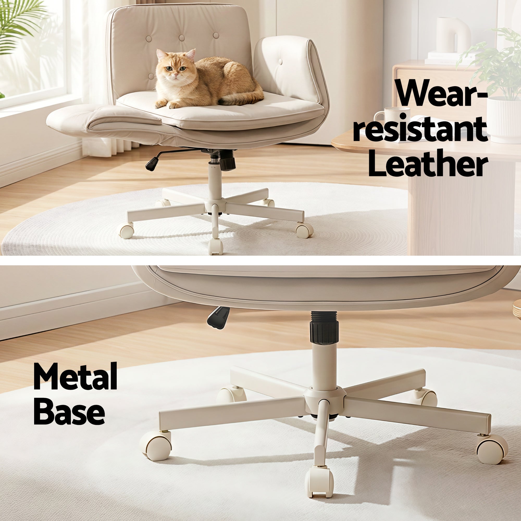 Artiss Criss Cross Chair with Wheels & Adjustable Armrests, Ergonomic Cross Legged Office Desk Chair PU Leather Vanity Chair Swivel for Home, Make Up, Bedroom, Computer, Beige