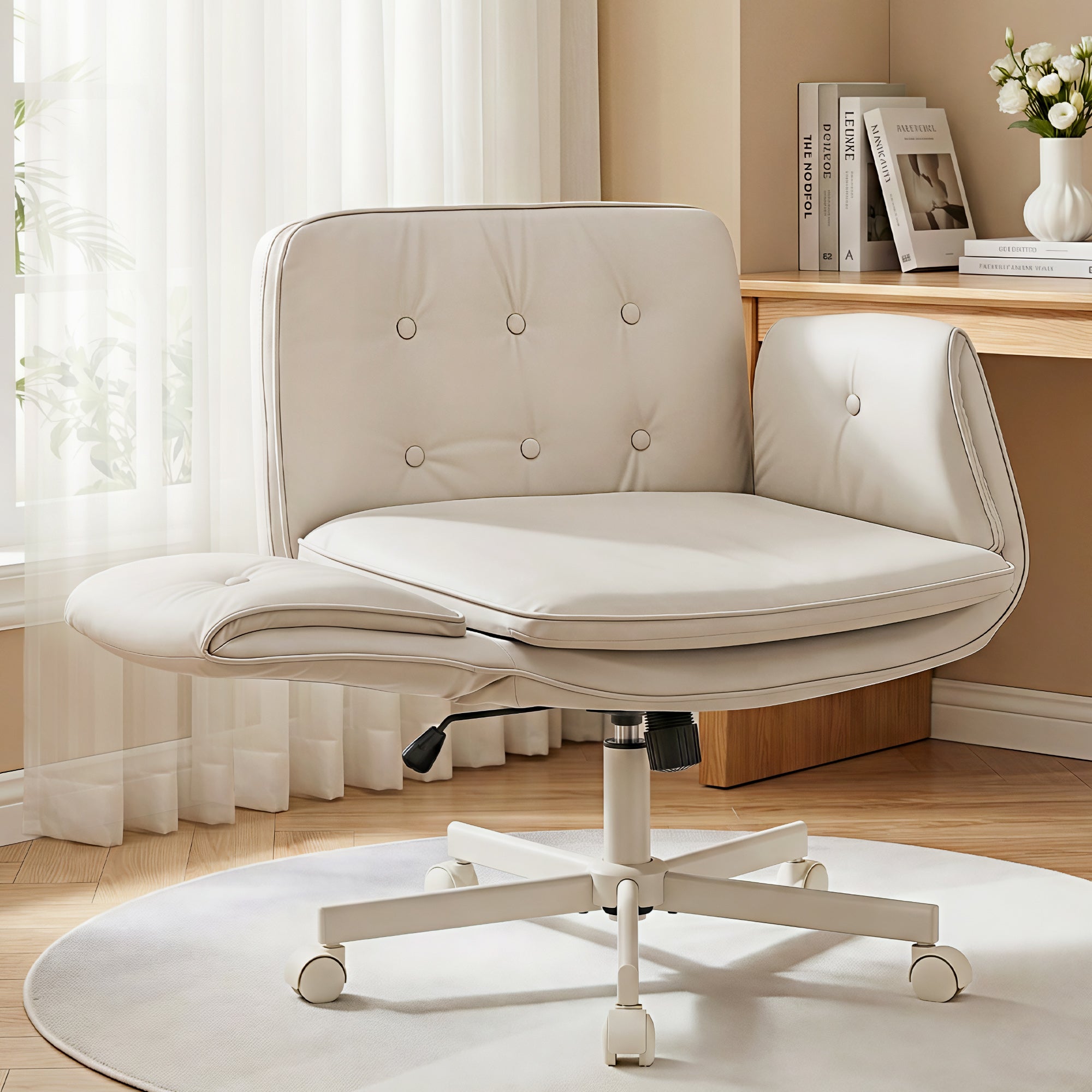 Artiss Criss Cross Chair with Wheels & Adjustable Armrests, Ergonomic Cross Legged Office Desk Chair PU Leather Vanity Chair Swivel for Home, Make Up, Bedroom, Computer, Beige