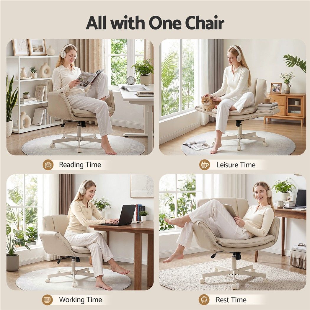 Artiss Cross Legged Office Chair PU Leather Swivel Vanity Chair Wide Seat Adjustable Arms Beige