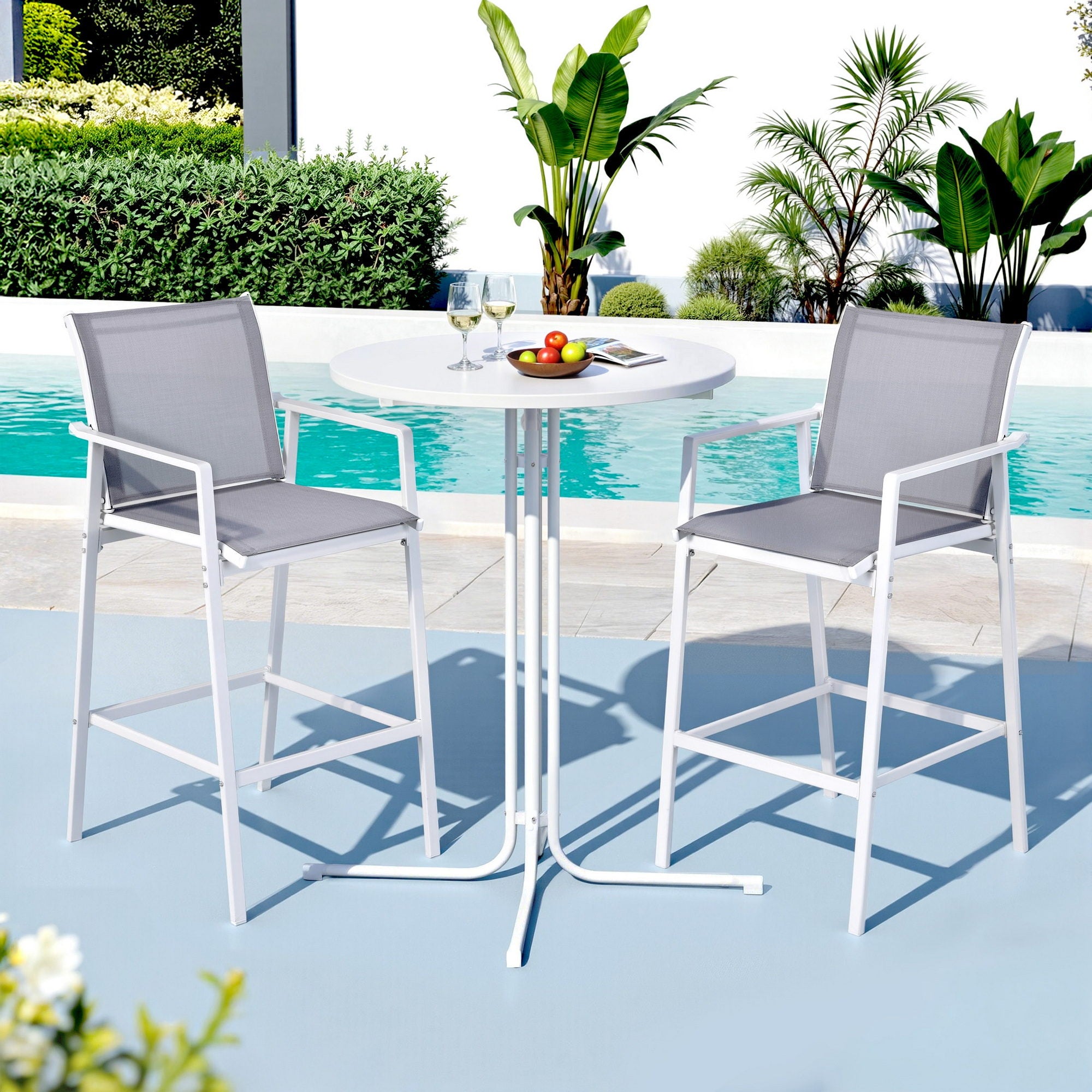 Gardeon 3PC Outdoor Bar Set Stools Dining Chairs Table Patio Furniture Bistro Set Steel White