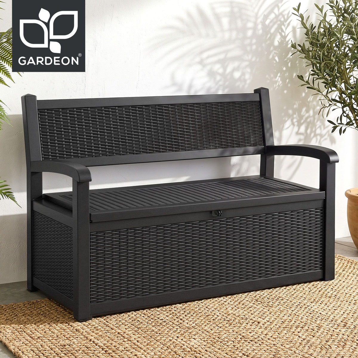 Gardeon Outdoor Storage Box Bench 254L Resin Armset Backrest Lockable Black