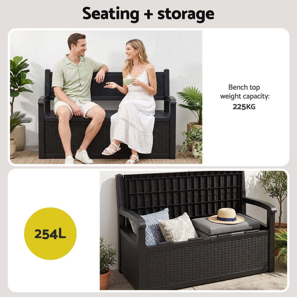 Gardeon Outdoor Storage Box Bench 254L Resin Armset Backrest Lockable Black