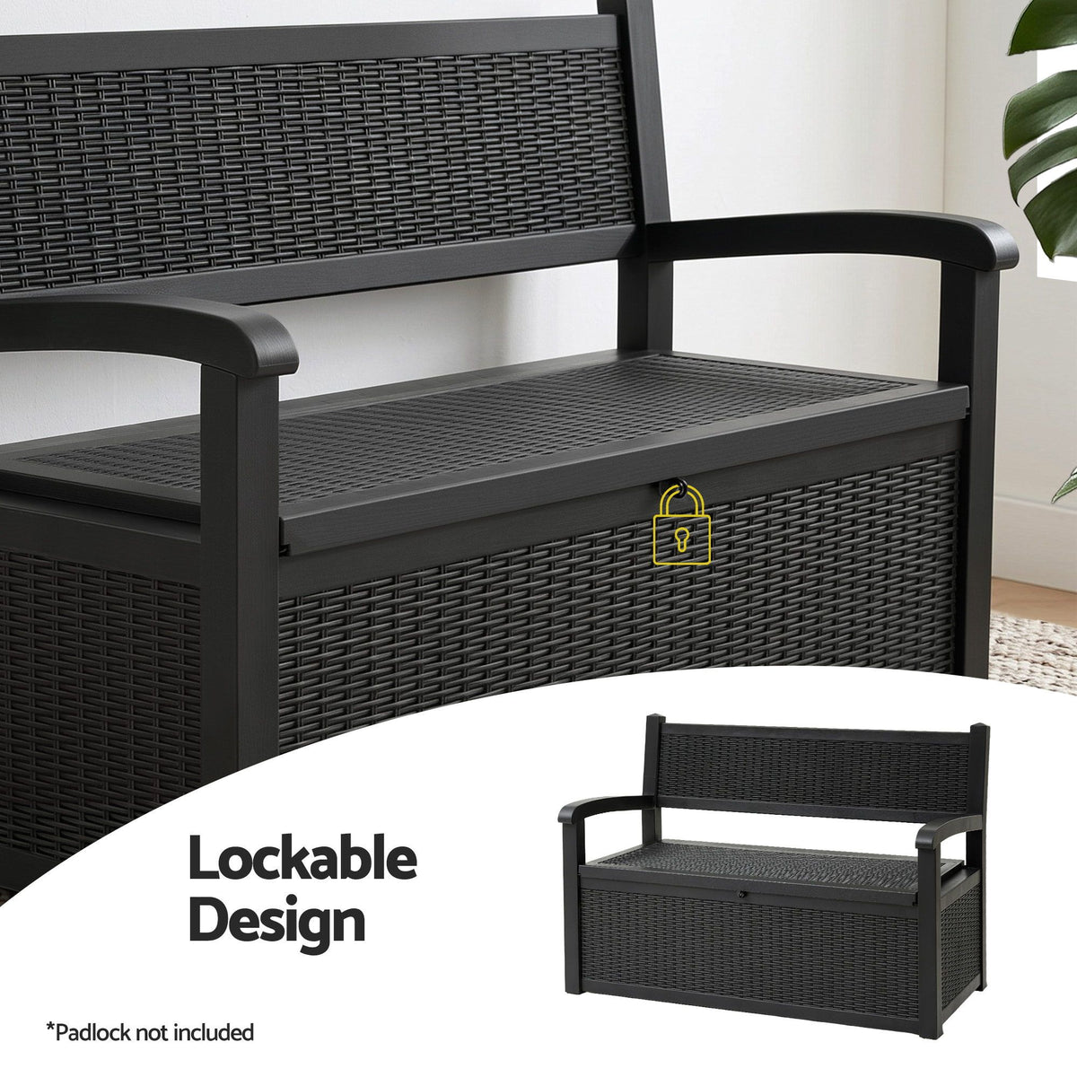 Gardeon Outdoor Storage Box Bench 254L Resin Armset Backrest Lockable Black