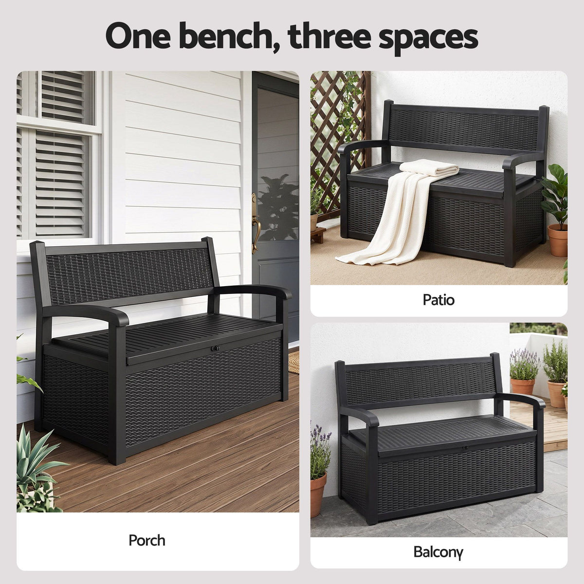 Gardeon Outdoor Storage Box Bench 254L Resin Armset Backrest Lockable Black