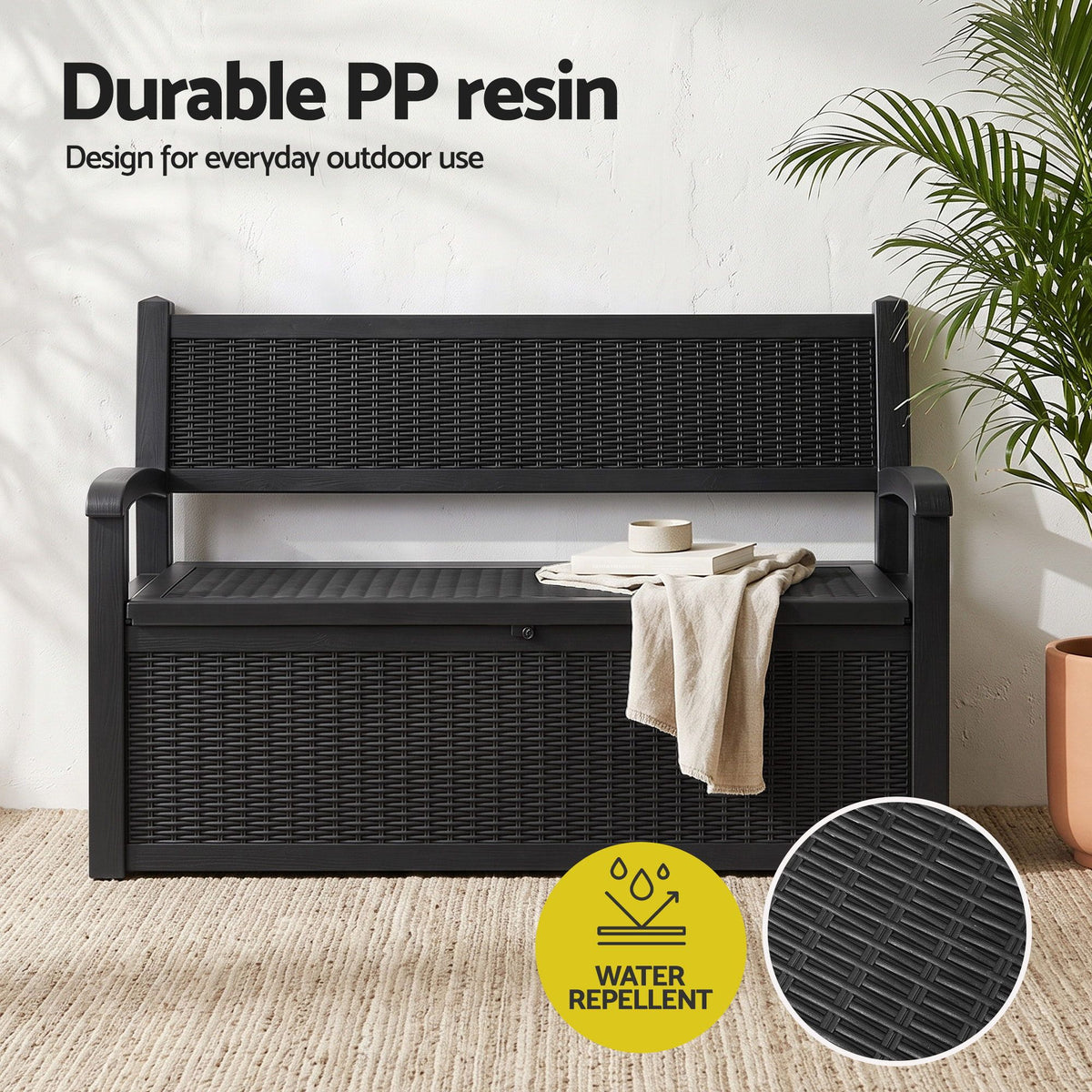 Gardeon Outdoor Storage Box Bench 254L Resin Armset Backrest Lockable Black