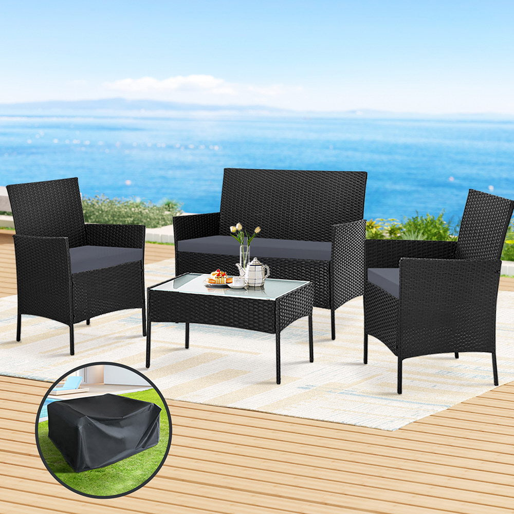 Gardeon 4 Piece Outdoor Lounge Setting Patio Furniture Sofa Set Black Cover