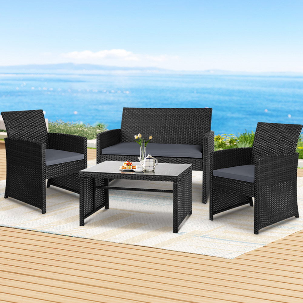 Gardeon 4 PCS Outdoor Lounge Setting Wicker Sofa Set Garden Furniture Black