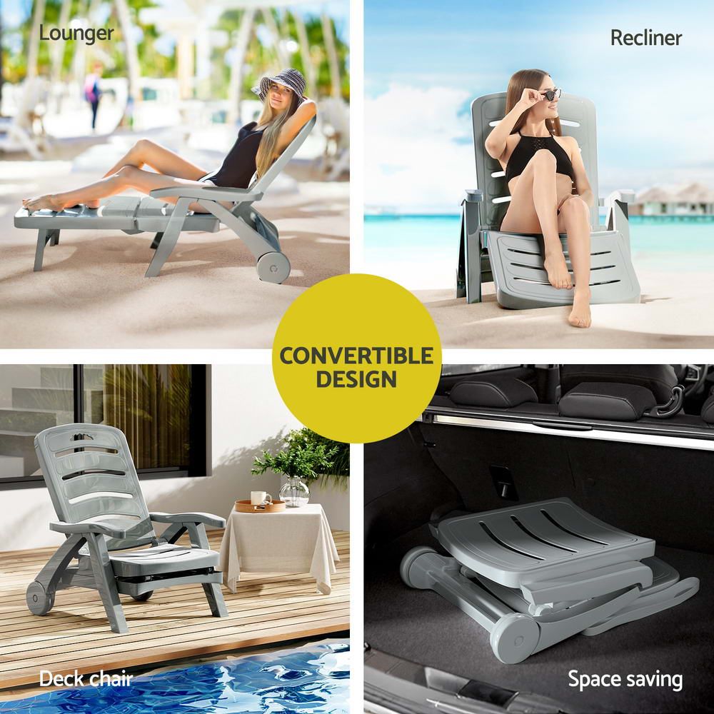 Gardeon 2PC Sun Lounger Folding Lounge Chair Wheels Patio Outdoor Furniture Grey