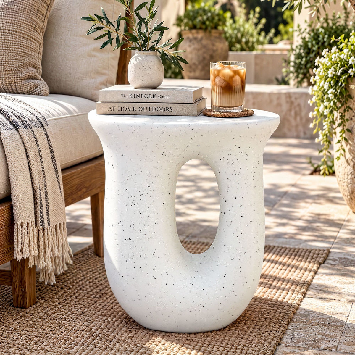 Gardeon Outdoor Side Table MGO Arch Cutout Garden Stool Stone Look White