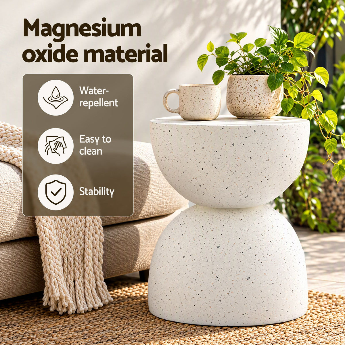 Gardeon Outdoor Side Table MGO Hourglass Garden Stool Terrazzo Look White