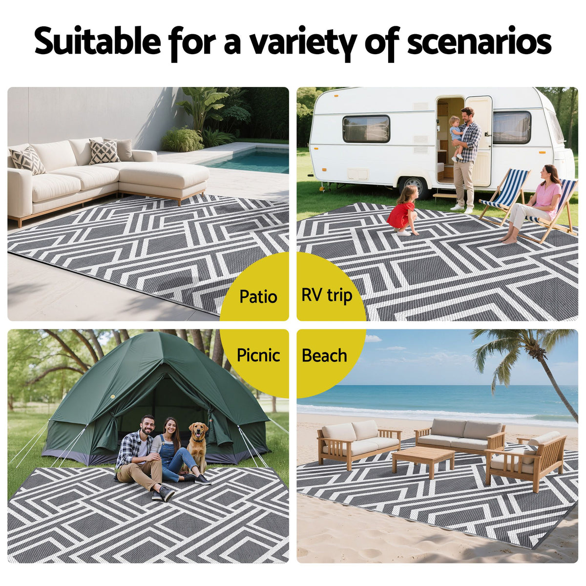Gardeon Outdoor Rugs 274x366cm Reversible PP Dual-Sided Area Mat Large Carpet Patio Rug Grey