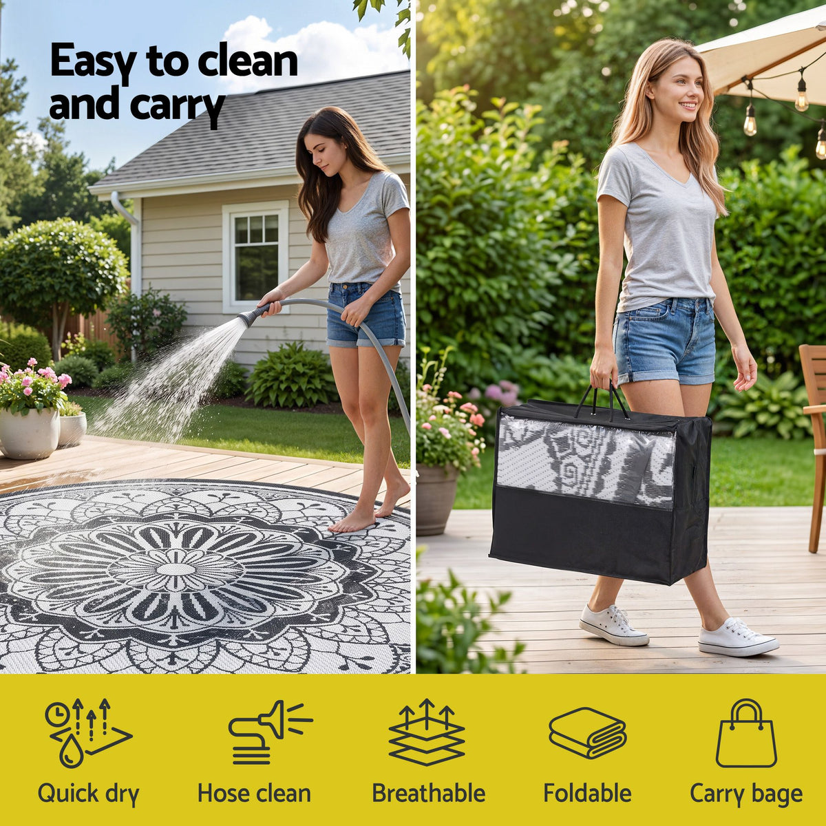 Gardeon 180CM Outdoor Rug Reversible Carpet PP Area Mat Patio Rugs Round Grey